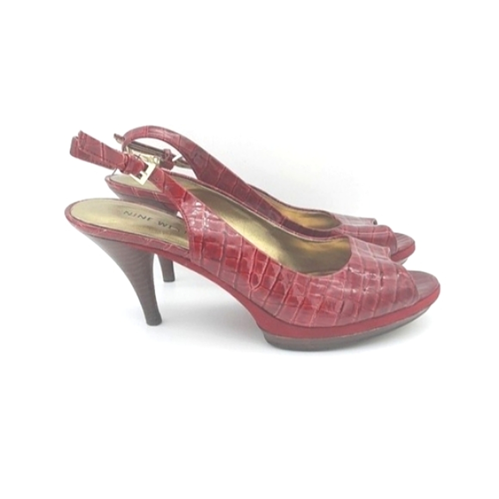 Nine West Sharina red reptile slingback pumps open toe wood heels women sz 6